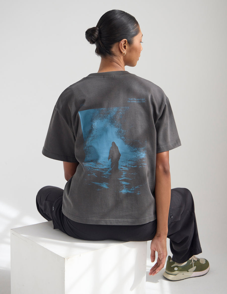 Dark Coastal Graphic Tee — "Follow the Moonlight" Surfer Silhouette T-Shirt