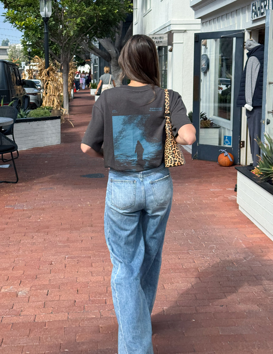 Dark Coastal Graphic Tee — "Follow the Moonlight" Surfer Silhouette T-Shirt